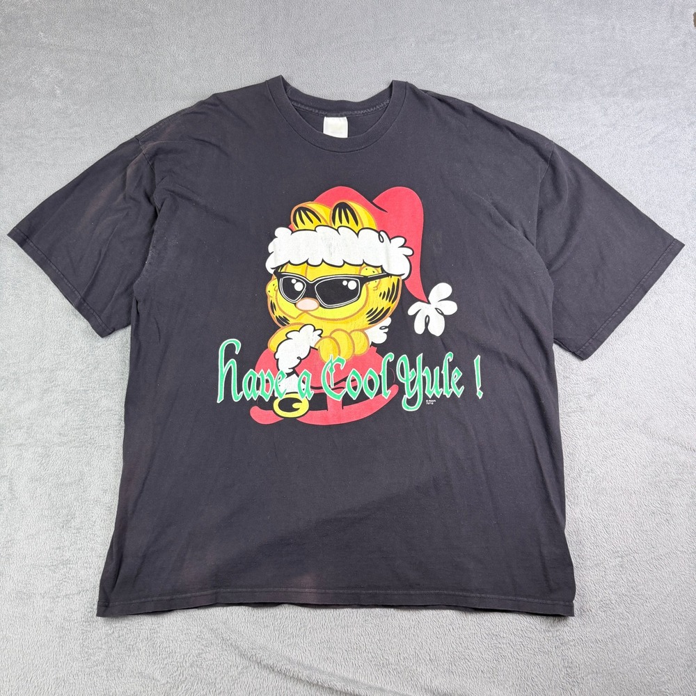 Vintage Garfield Have a Cool Yule Christmas T-Shirt Black Mens 3XL Sun Faded